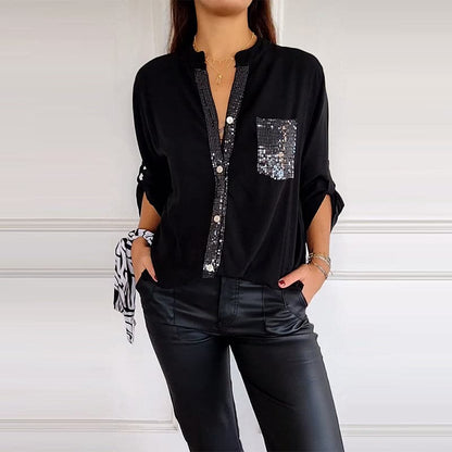 Cotton V-neck Sequin Mid-sleeve Casual Top