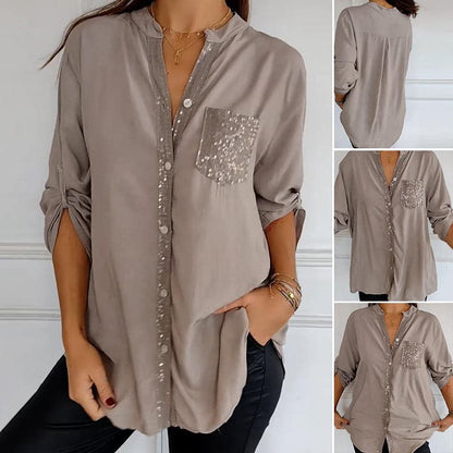 Cotton V-neck Sequin Mid-sleeve Casual Top