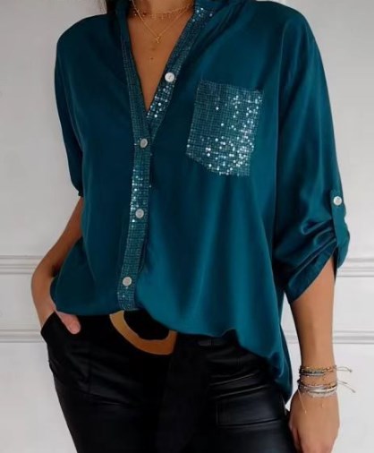 Cotton V-neck Sequin Mid-sleeve Casual Top