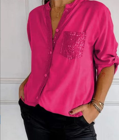 Cotton V-neck Sequin Mid-sleeve Casual Top