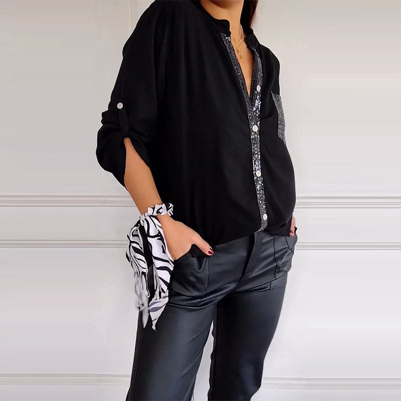 Cotton V-neck Sequin Mid-sleeve Casual Top