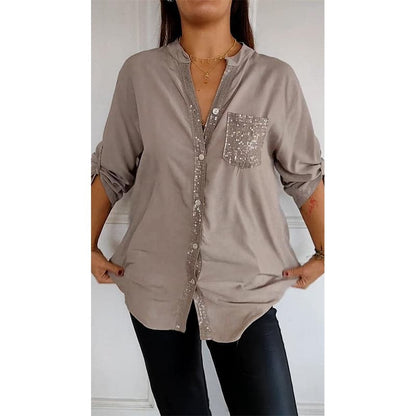 Cotton V-neck Sequin Mid-sleeve Casual Top