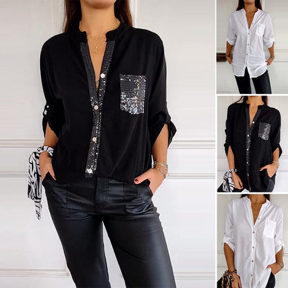 Cotton V-neck Sequin Mid-sleeve Casual Top