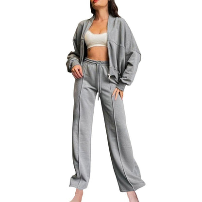 Women's Long Sleeve Zip Coat Drawstring Sweatpants 2-Piece Sets