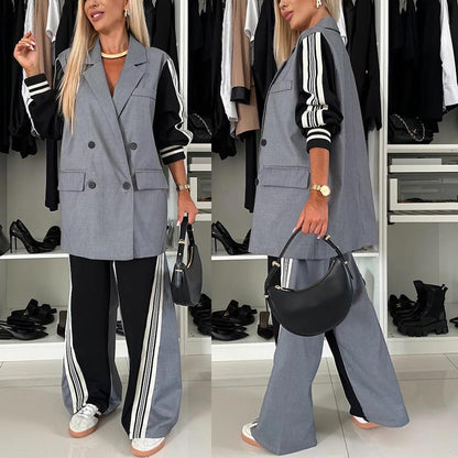 Women’s Casual Patchwork Double-breasted Notched Lapel Blazer and Wide-leg Pants Set