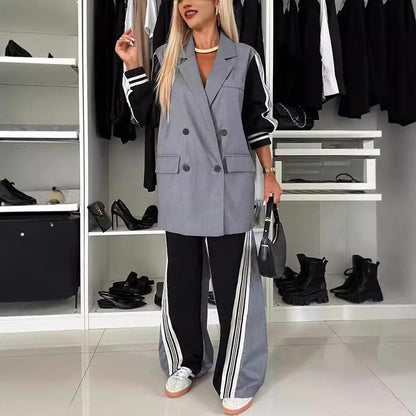 Women’s Casual Patchwork Double-breasted Notched Lapel Blazer and Wide-leg Pants Set