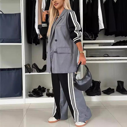 Women’s Casual Patchwork Double-breasted Notched Lapel Blazer and Wide-leg Pants Set