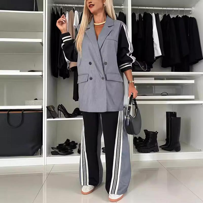 Women’s Casual Patchwork Double-breasted Notched Lapel Blazer and Wide-leg Pants Set