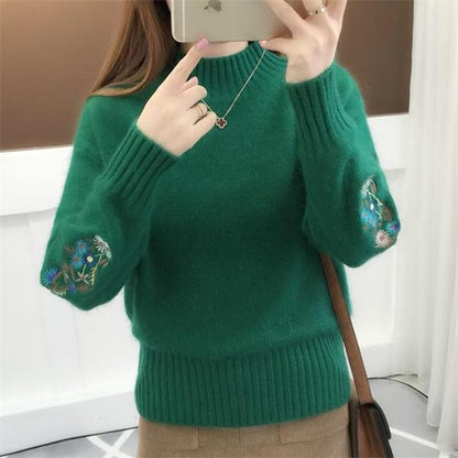 Cashmere Knitted Floral Embroidery Thick Sweater