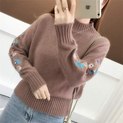 Cashmere Knitted Floral Embroidery Thick Sweater