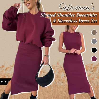 Women's Slanted Shoulder Sweatshirt & Sleeveless Dress Set