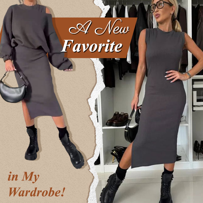 Women's Slanted Shoulder Sweatshirt & Sleeveless Dress Set