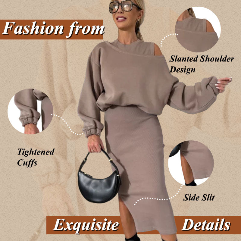 Women's Slanted Shoulder Sweatshirt & Sleeveless Dress Set