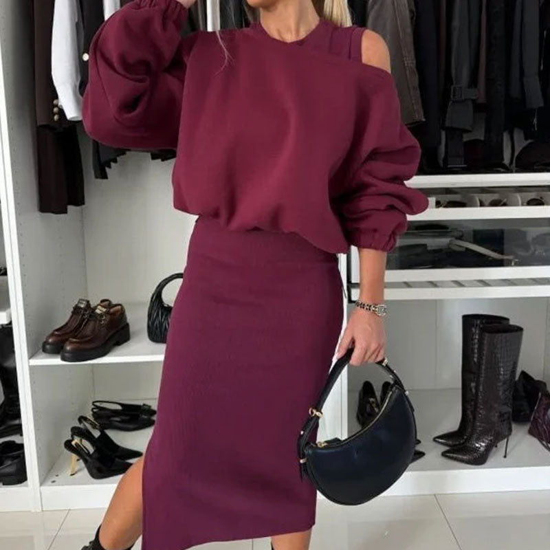 Women's Slanted Shoulder Sweatshirt & Sleeveless Dress Set