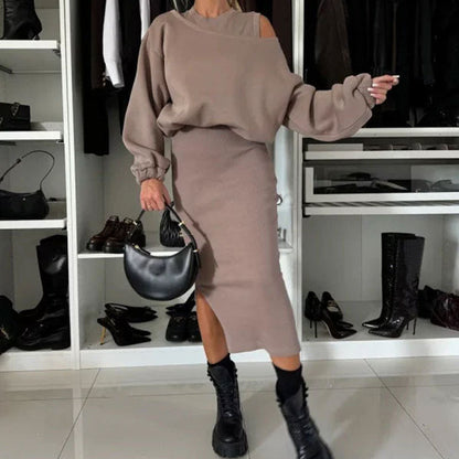 Women's Slanted Shoulder Sweatshirt & Sleeveless Dress Set