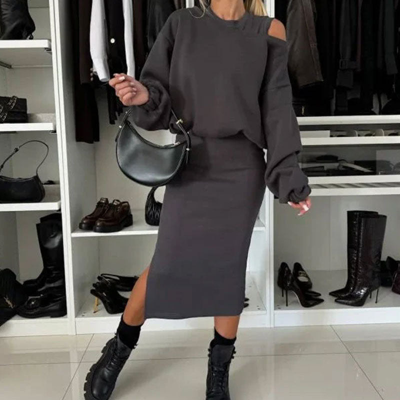 Women's Slanted Shoulder Sweatshirt & Sleeveless Dress Set