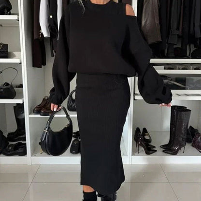 Women's Slanted Shoulder Sweatshirt & Sleeveless Dress Set